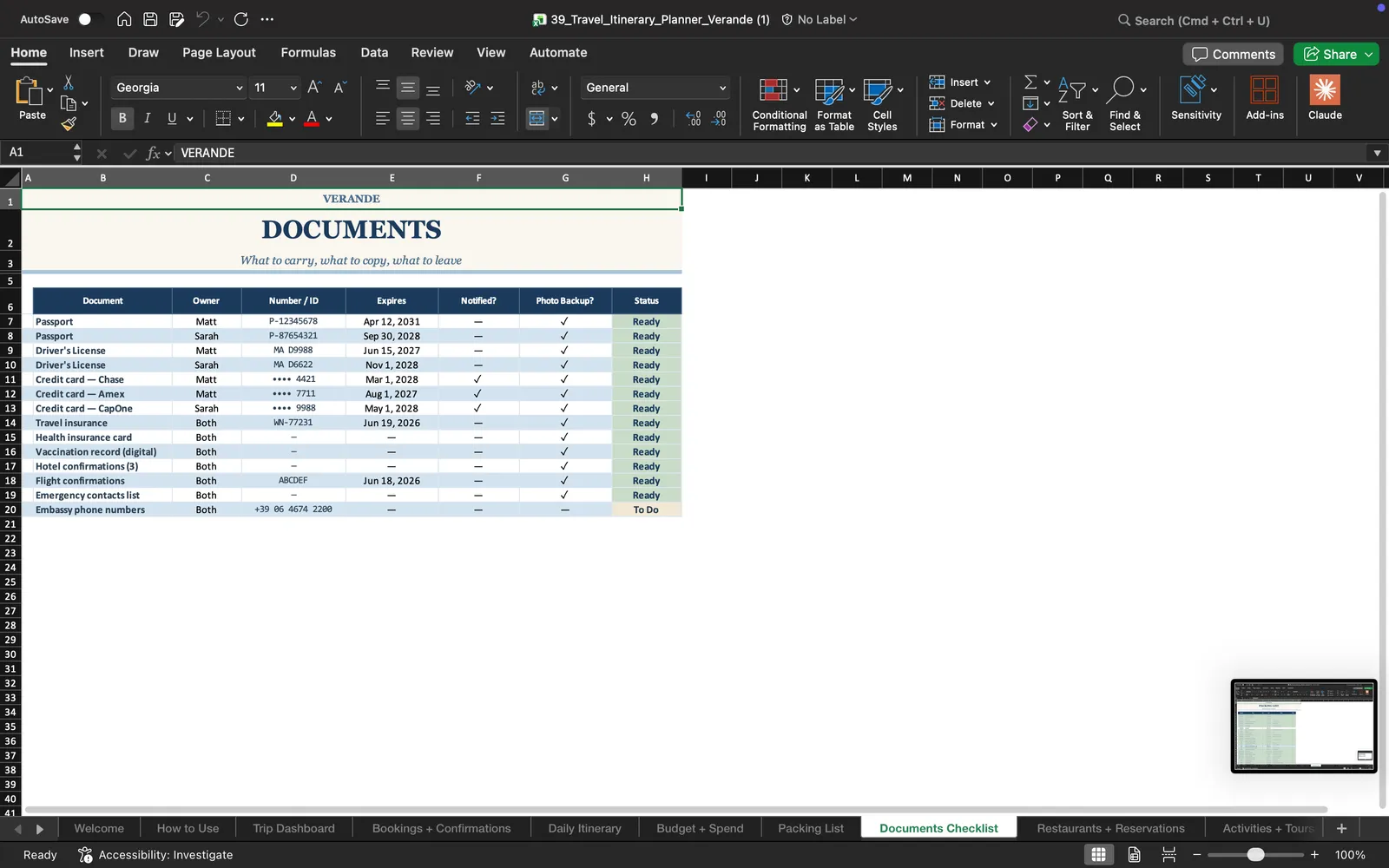 Travel Itenerary, Documents Checklist