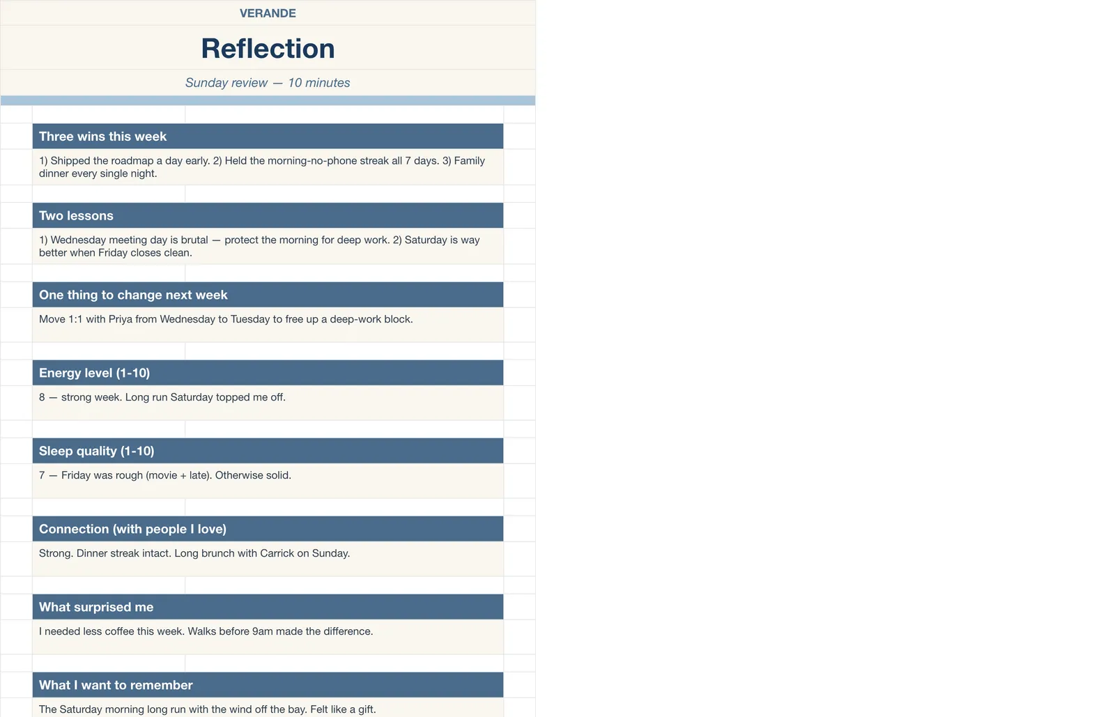 Weekly Planner, Reflection