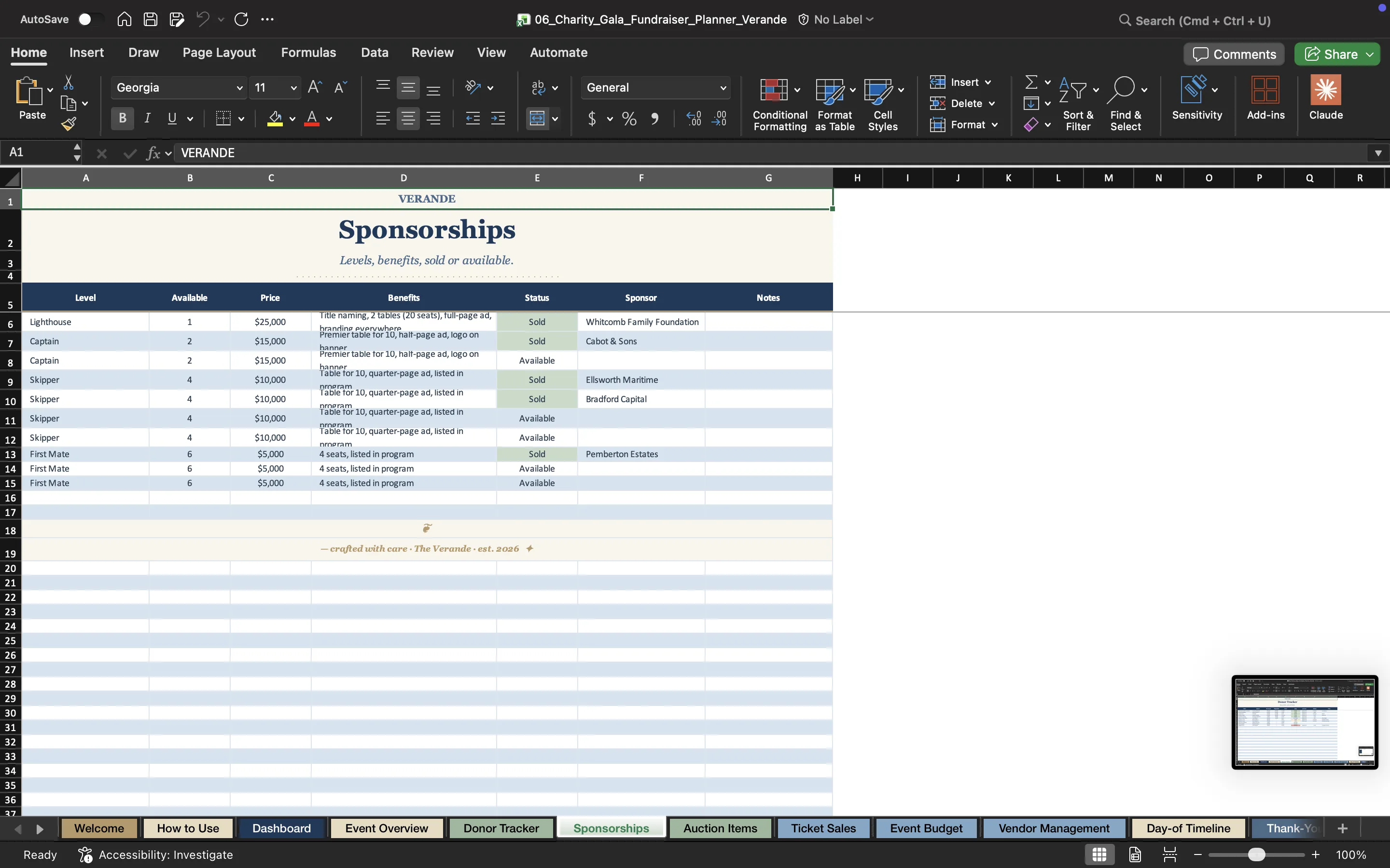 Nonprofit Budget Spreadsheet, Grant & Donation Tracker — Ticket Sales & Table Seating Matrix