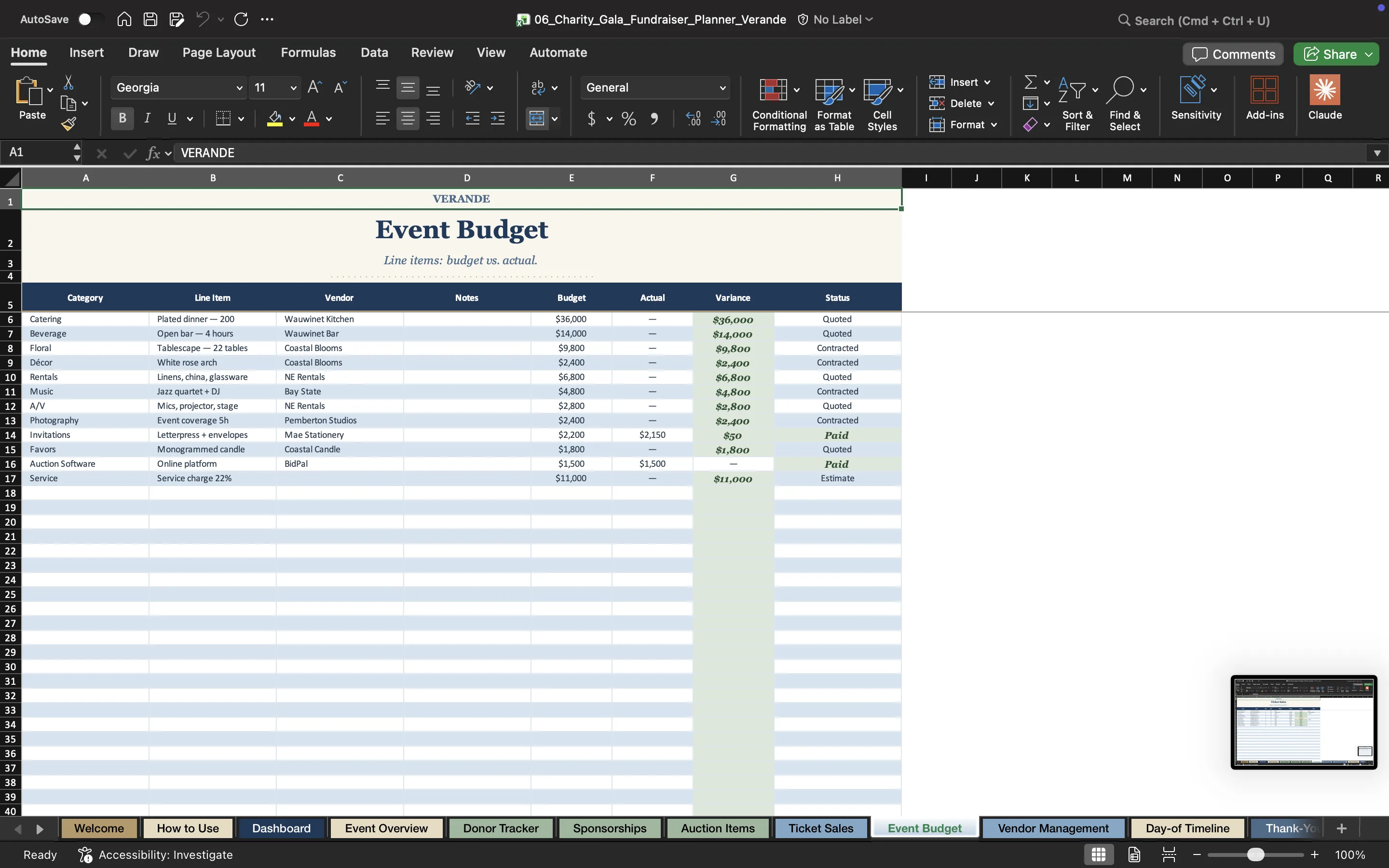 Nonprofit Budget Spreadsheet, Grant & Donation Tracker — Day-of Run of Show Timeline